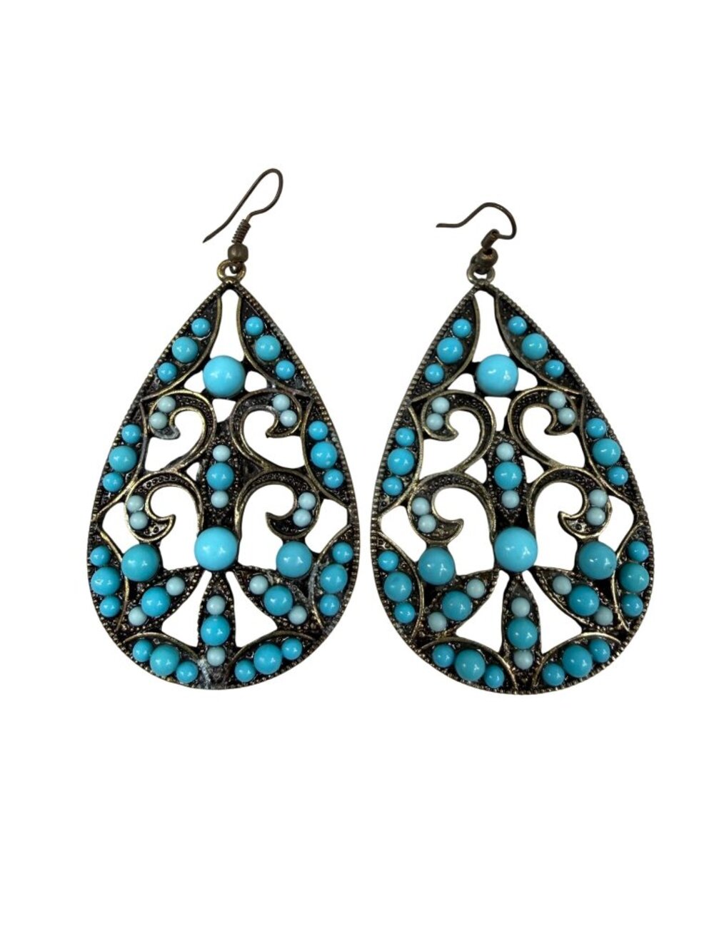 Teardrop Shape Dangle Filigree Earrings Blue Beads & Antique Brass Finish